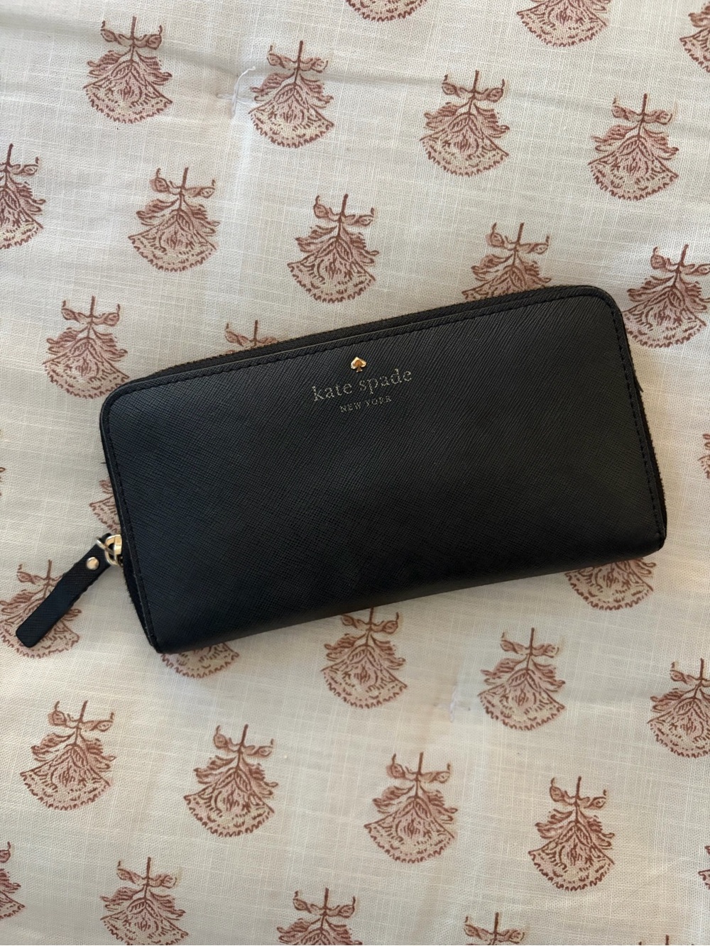 kate spade Black Zip-Around Saffiano Leather Wallet with Gold Logo